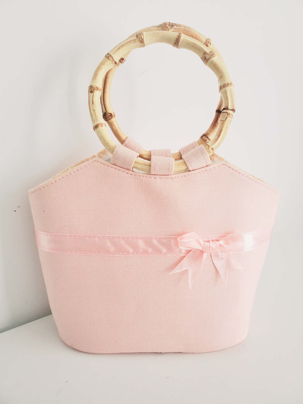 Light Pink Bamboo Handle Tote Bag with Bow